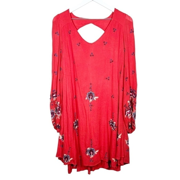 Free People Womens Oxford Red Embroidered Flowy Boho Dress Size Small - Picture 2 of 12